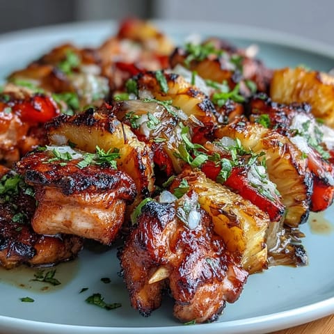 Grilled Pineapple Chicken Skewers with juicy chicken and sweet caramelized pineapple on a skewer, perfect for summer barbecues and outdoor dining.  