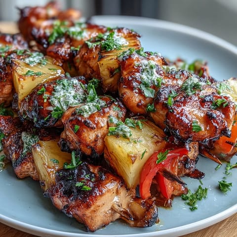 Vibrant skewers of marinated chicken and tropical pineapple, grilled to perfection with colorful bell peppers and onions for a festive meal.  