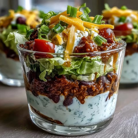 Easy Taco Dip Cups with layers of refried beans, creamy cheese, and fresh toppings in individual cups—perfect for festive gatherings.  