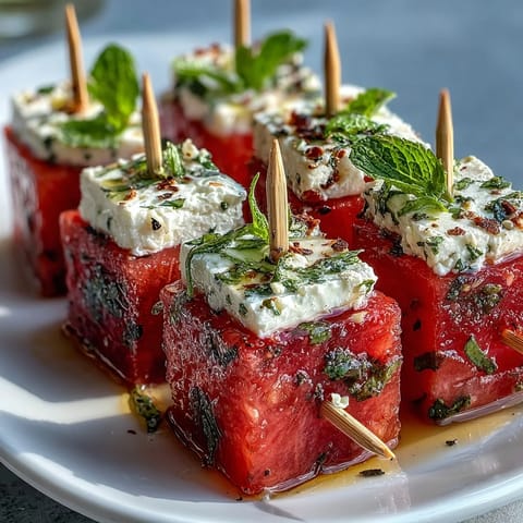Colorful watermelon feta mint skewers drizzled with olive oil, showcasing vibrant fruit and fresh herbs for a Mediterranean-inspired snack.  