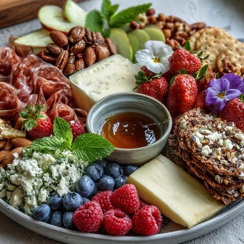 Spring charcuterie board with edible flowers and fruits arranged artfully for a festive, colorful appetizer spread.