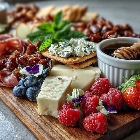 Elegant charcuterie board featuring cured meats, cheeses, and vibrant edible flowers, perfect for spring entertaining.