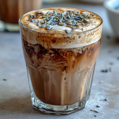 Creamy lavender oat milk latte with aromatic espresso and floral lavender syrup, served in a cozy mug.