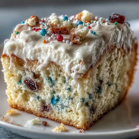 Joyful Spring Birthday Party Funfetti Dip Cake adorned with vibrant rainbow sprinkles.