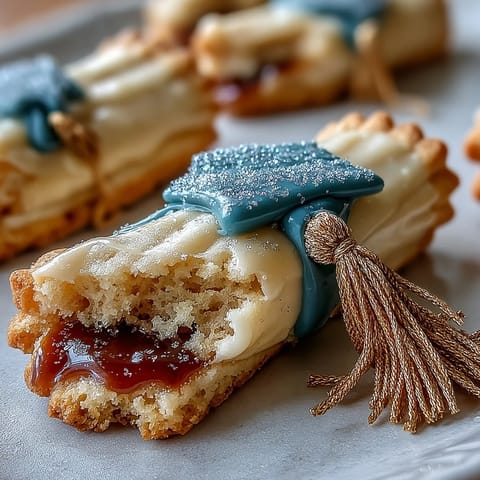 Festive Graduation Cookies: buttery sugar cookies adorned with regal gold icing.
