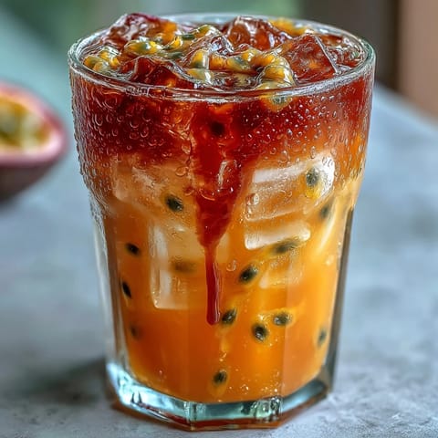 Tropical Sunrise Mocktail with passionfruit and orange juice, beautifully layered.