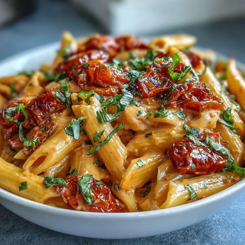 Creamy tomato basil pasta dish, rich with basil, perfect for easy weeknight dinners.