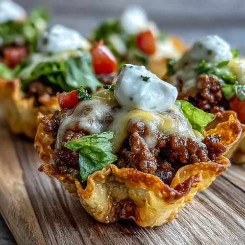 Mini taco cups in wonton wrappers, baked golden with melted cheese.