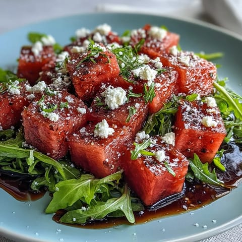 Juicy Watermelon Feta Arugula Salad, a refreshing dish, artfully arranged with cheese and greens.