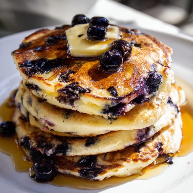 Close-up of freshly made blueberry pancakes, showcasing the soft texture, served with maple syrup and butter.