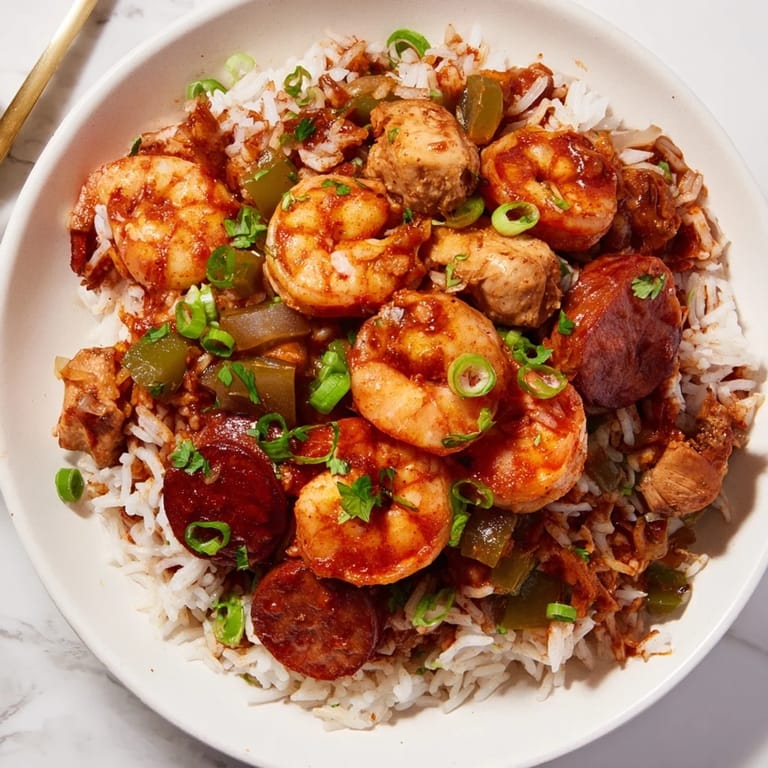 Close-up of a flavorful jambalaya, featuring tender chicken, rice, and a hint of spice.