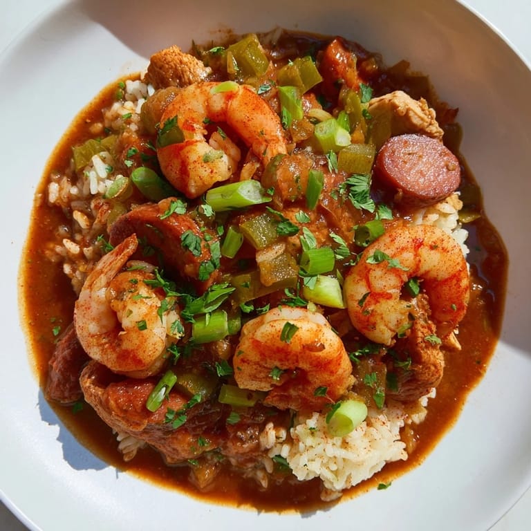 A hearty bowl of jambalaya, garnished with fresh herbs, offering a taste of Creole life.