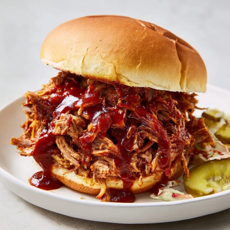 Close-up of a delicious pulled pork sandwich, ready to eat, with coleslaw and pickles ready.