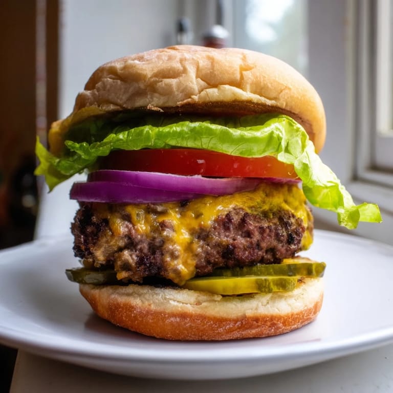Perfectly cooked hamburgers stacked high with vibrant, colorful vegetables and creamy condiments, a classic meal.