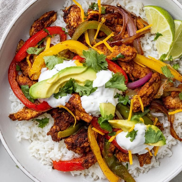 This Chicken Fajita Bowl features juicy, seasoned chicken atop fluffy rice with fresh, vibrant toppings.