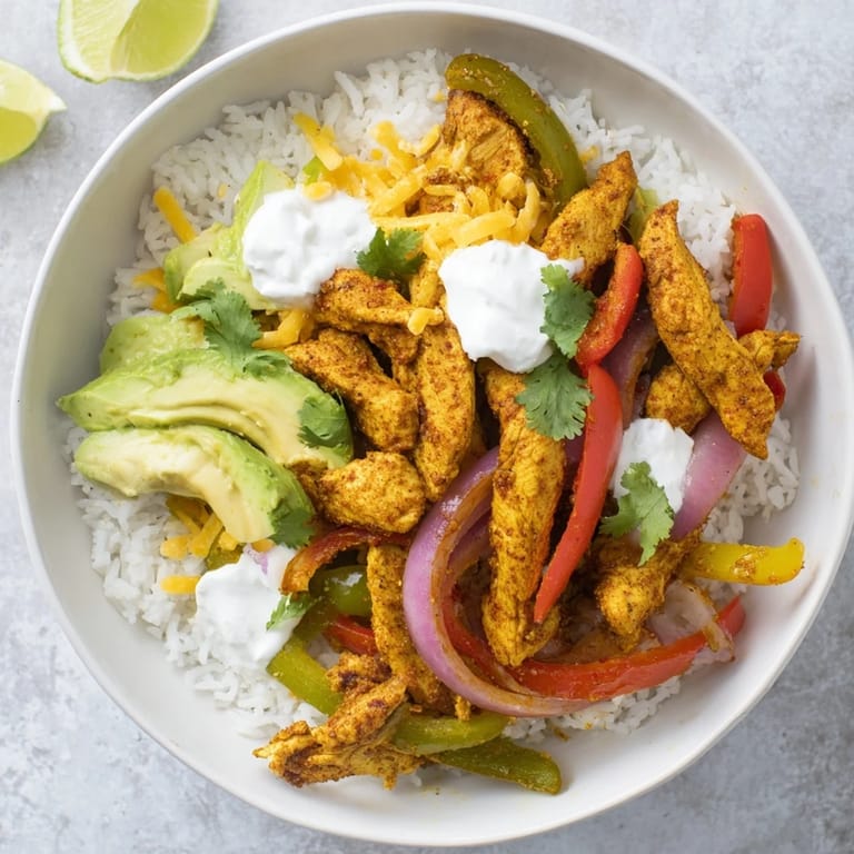 Enjoy a healthy Chicken Fajita Bowl: imagine tender chicken with bell peppers, ready to be devoured!