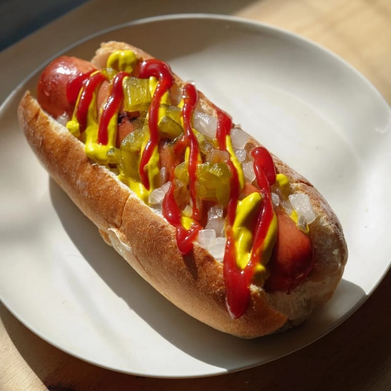 A delicious close-up of fully loaded hot dogs, ready to eat, with onions and ketchup.