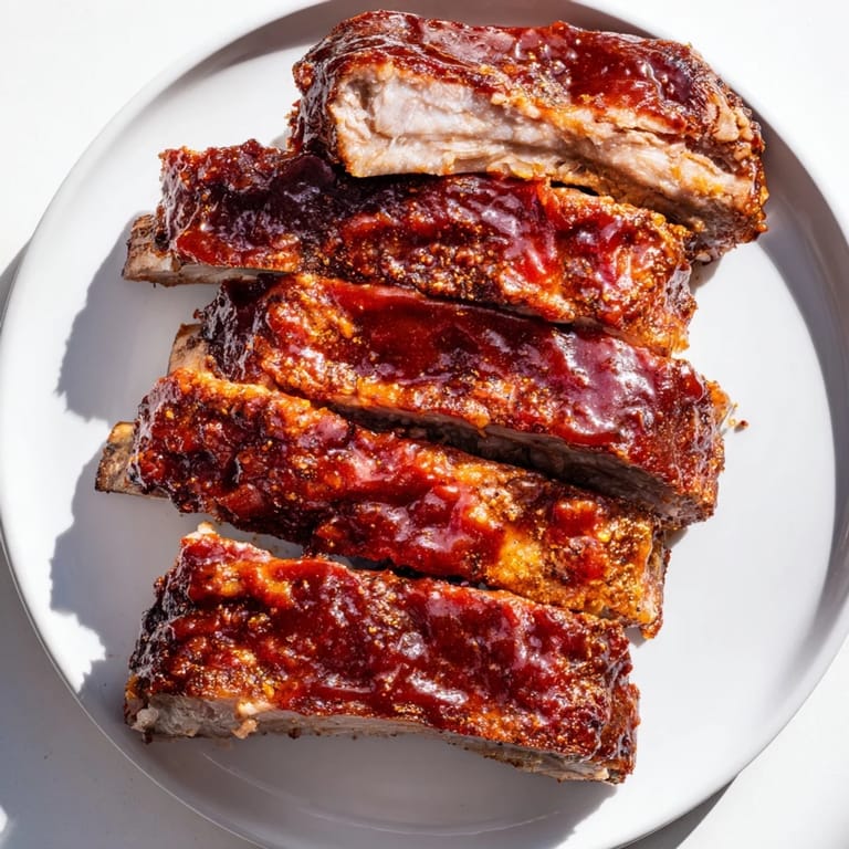 Mouthwatering image of fall-off-the-bone BBQ ribs, perfectly coated in a sweet, sticky sauce.