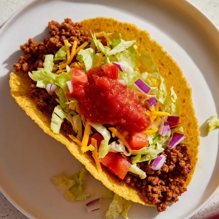 Close-up of fully loaded American-style tacos showcasing crispy shells, fillings, and a drizzle of salsa.