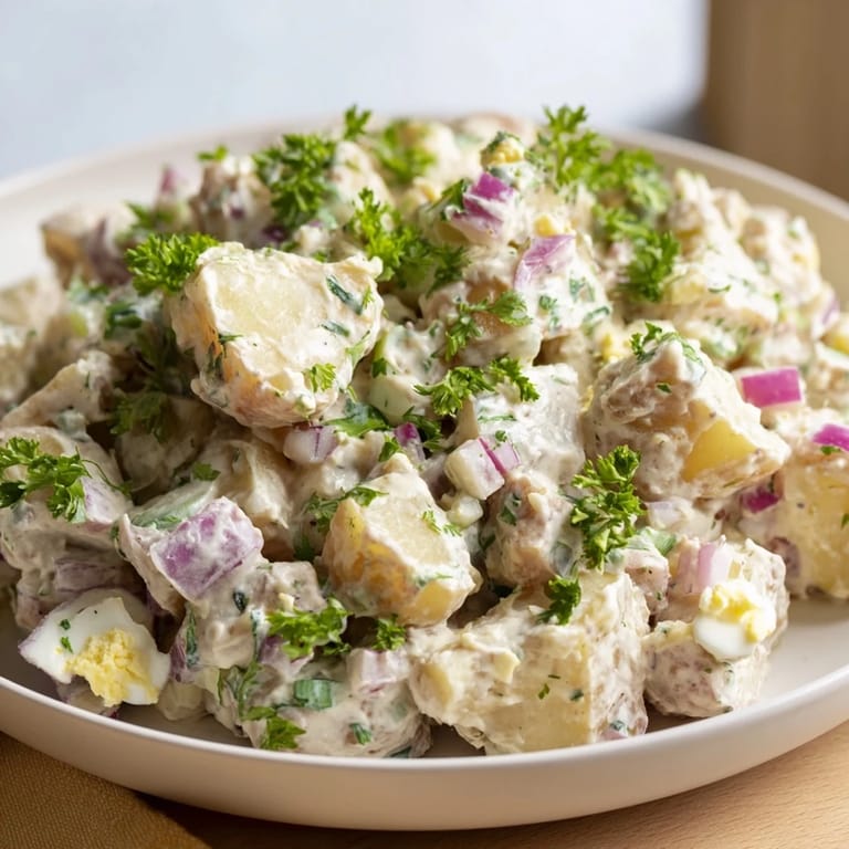 Chilled potato salad ready to serve, a delicious and classic side dish for summer.