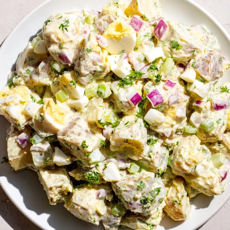 Tangy potato salad with tender potatoes, perfect for a picnic, vividly imagined.