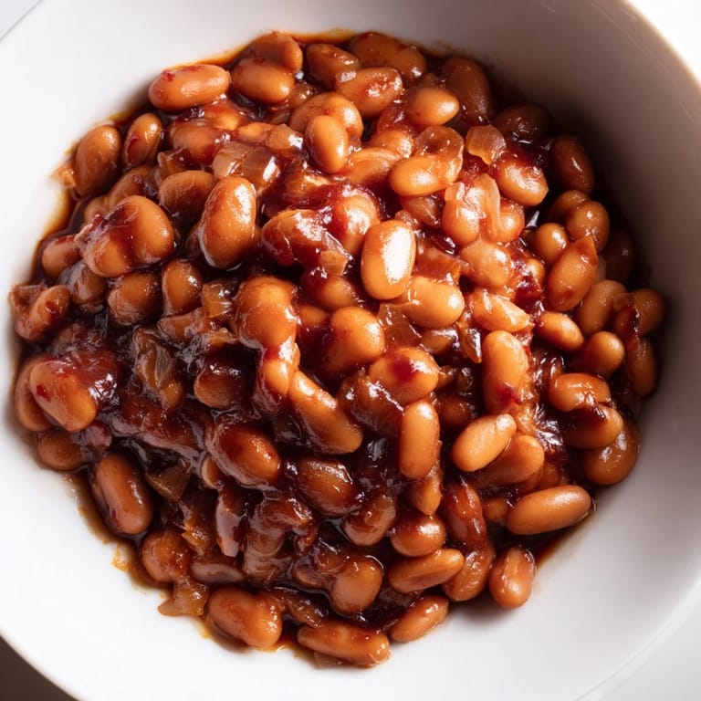 A close-up of hearty Baked Beans glistening in a thick, rich tomato sauce for serving.