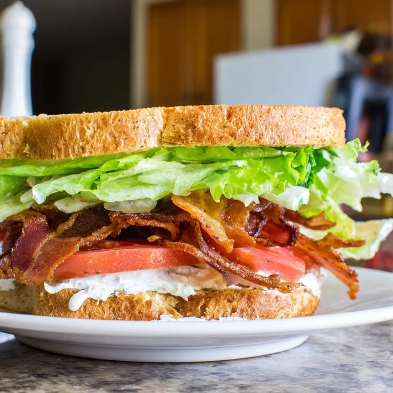A perfect BLT sandwich: toasted bread holds layers of bacon, lettuce, tomato, and creamy mayo.