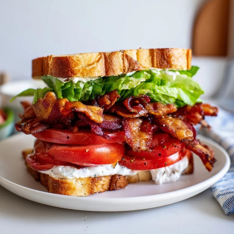 This beautiful BLT sandwich is stacked high with fresh ingredients, ready to be enjoyed.