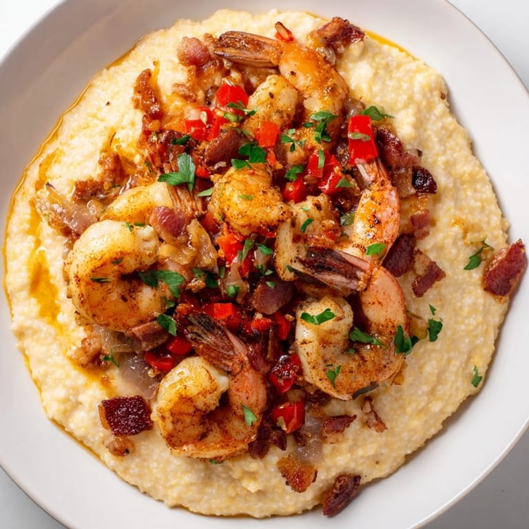 Golden-brown shrimp swimming in a rich sauce, spooned over creamy grits, a flavorful Shrimp and Grits meal.
