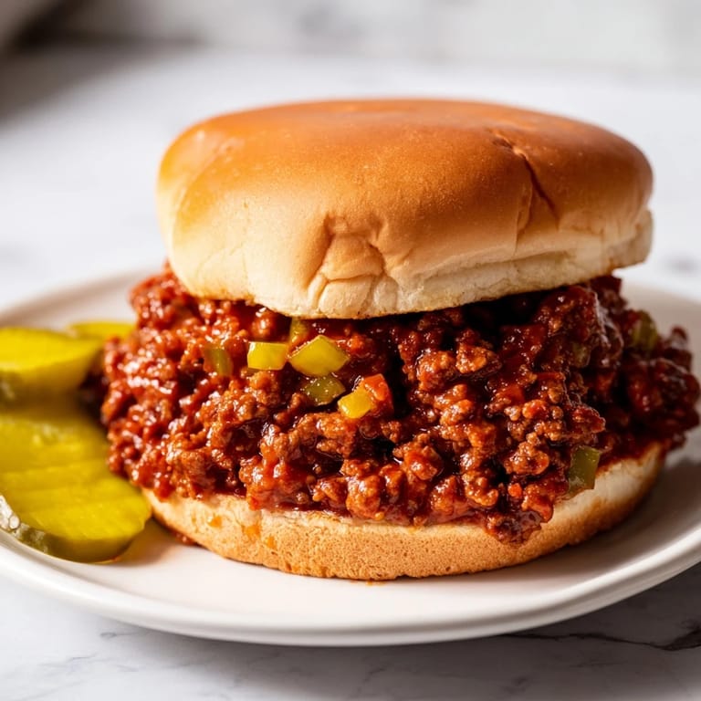 A close-up of a delicious Sloppy Joes sandwich with glistening sauce, ready to eat with pickles.