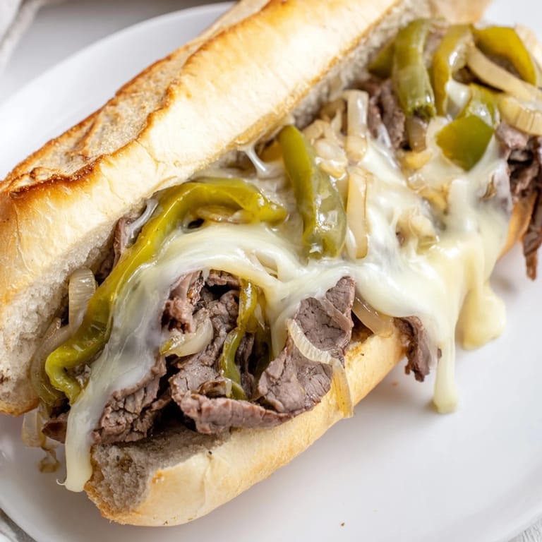 Perfectly browned beef and onions nestled in a toasted hoagie: a classic Philly cheesesteak.
