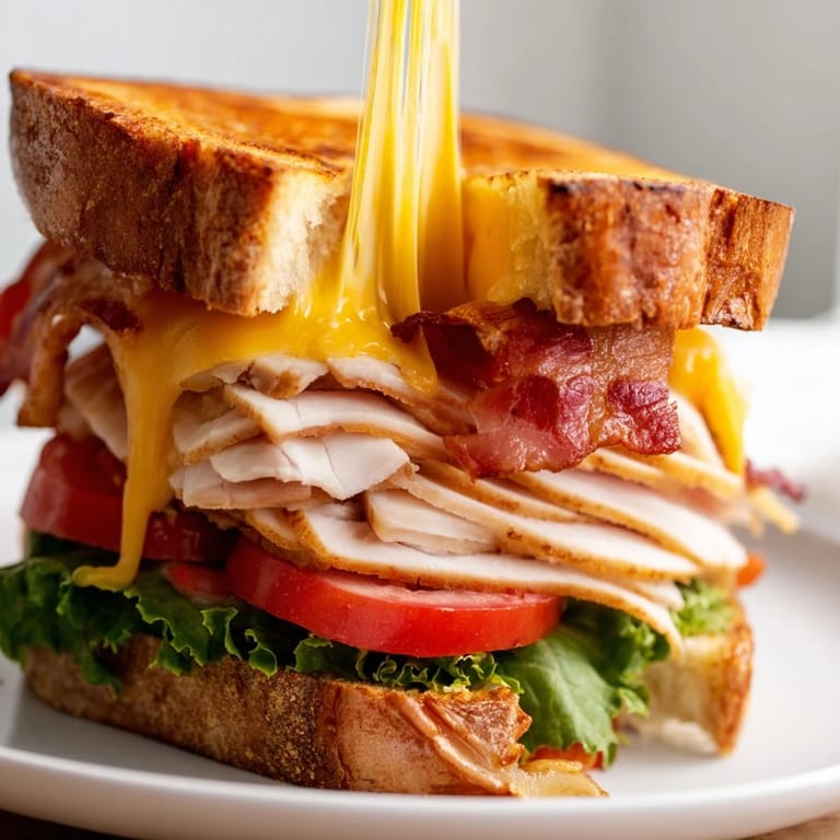 Slices of a hearty Turkey Club Grilled Cheese reveal layers of roasted turkey, tomato, and Swiss cheese between golden, buttery sourdough.