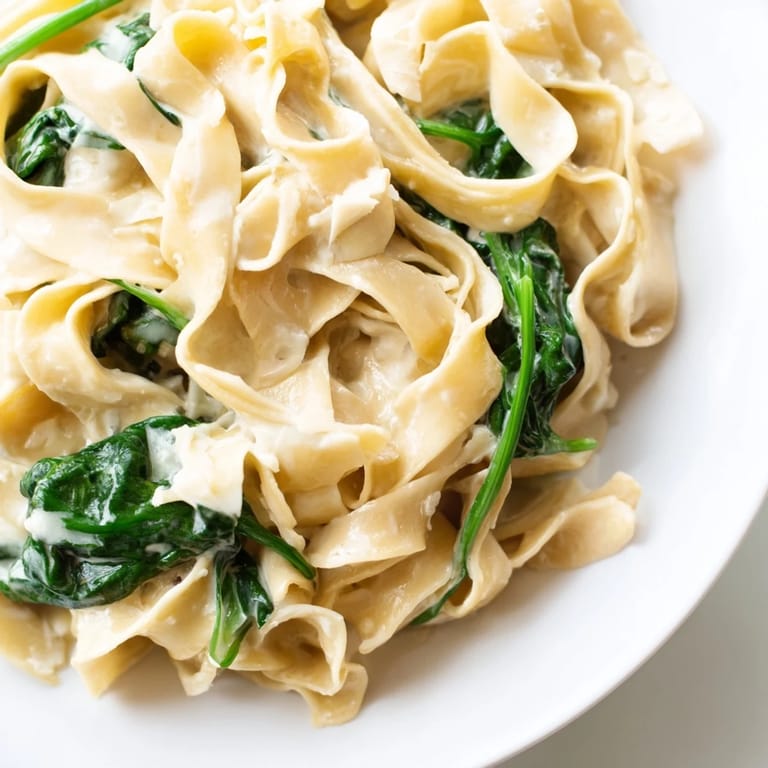 Steaming bowl of Creamy Spinach Garlic Noodles garnished with extra Parmesan, ideal for a quick weeknight dinner.