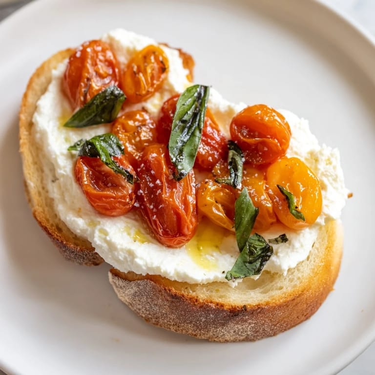Rustic bread holds a generous spread of whipped ricotta and warm roasted tomatoes, finished with lemon zest and black pepper for a bright, savory bite.