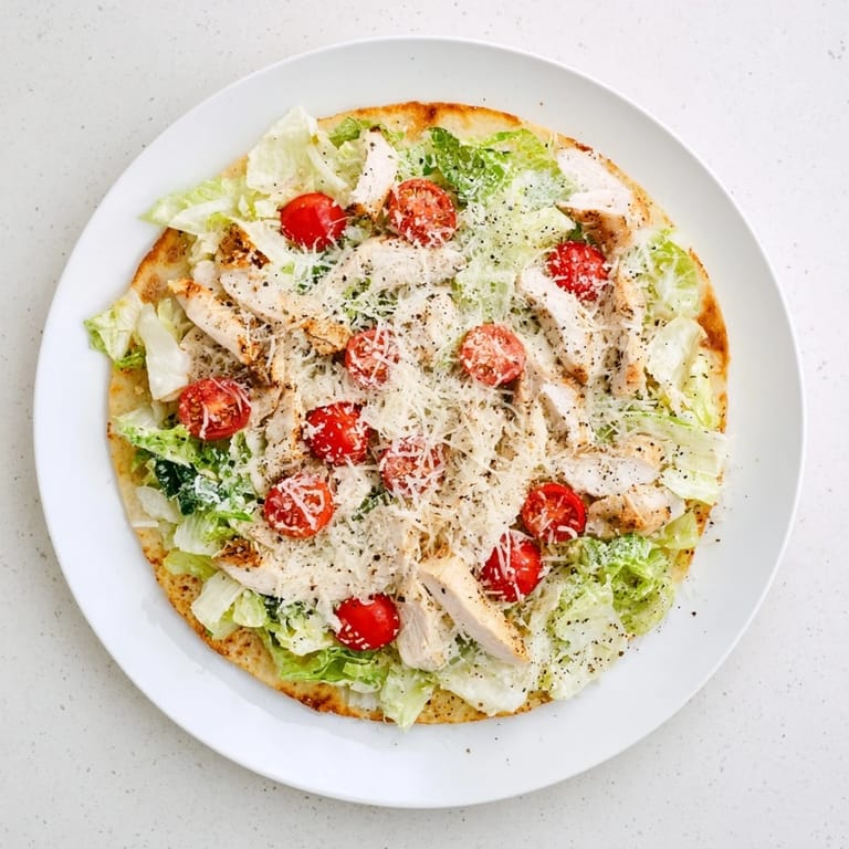 Freshly baked Caesar Chicken Flatbread served hot, featuring juicy chicken slices and crisp romaine lettuce.