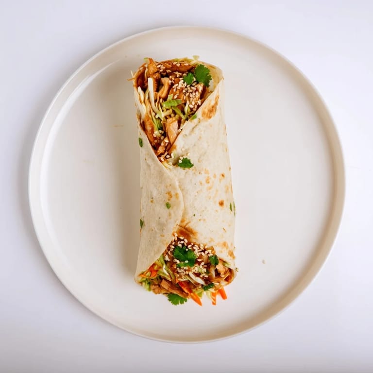 Freshly rolled teriyaki chicken wrap filled with crisp veggies and sesame seeds, perfect for a quick and satisfying lunch.