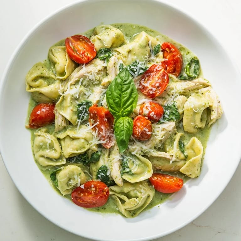 A close-up view of Creamy Pesto Tortellini Skillet, showing bubbling Parmesan sauce clinging to pasta, spinach, and juicy tomato halves.