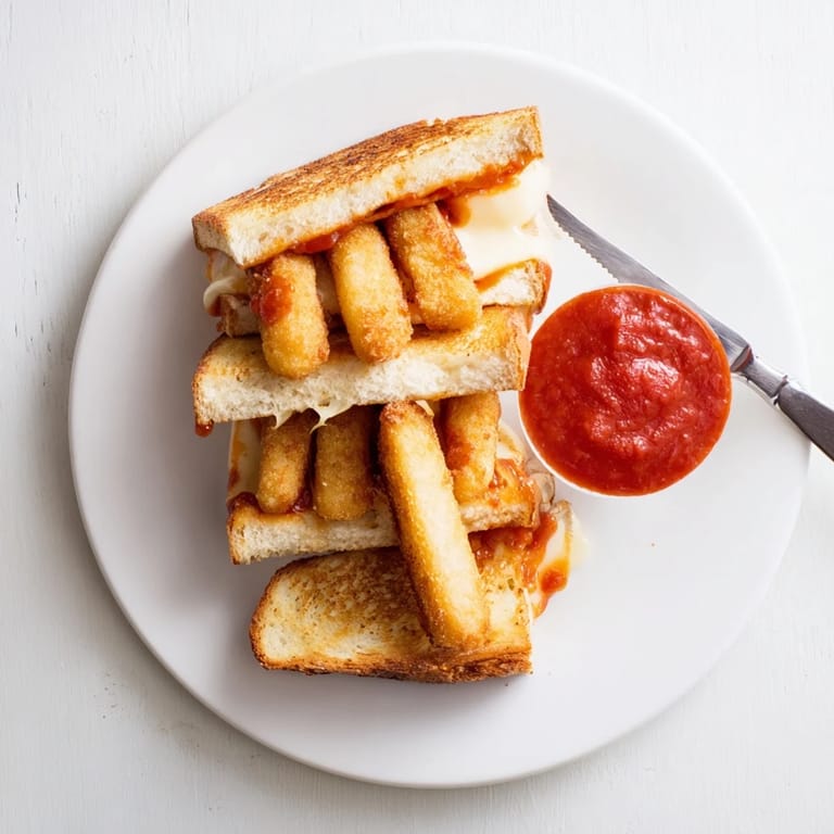 An easy homemade mozzarella stick grilled cheese, cut diagonally to reveal layers of melty cheese and crunchy bread.