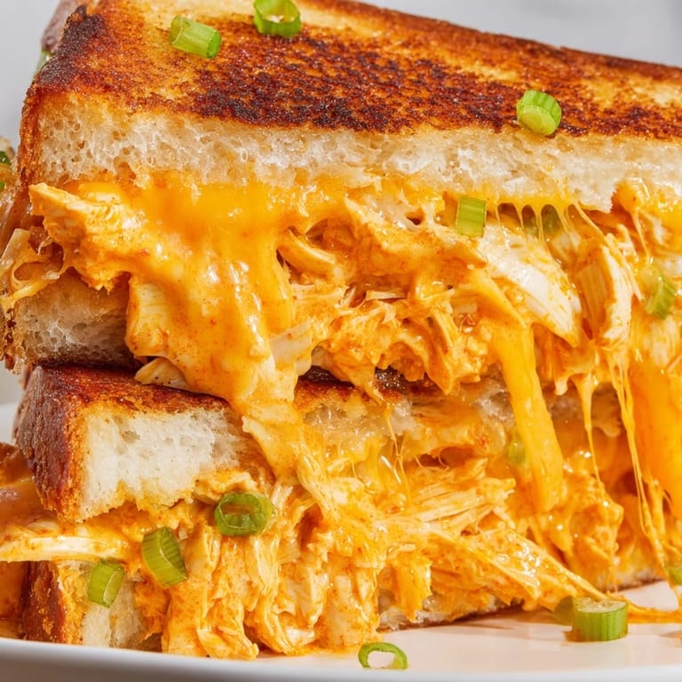 A close-up of Buffalo chicken ranch grilled cheese, melty and buttery, served with crisp celery sticks.