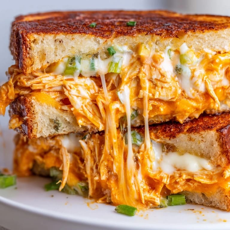 Buffalo chicken ranch grilled cheese on a cutting board, sliced to reveal layers of creamy ranch and cheese.