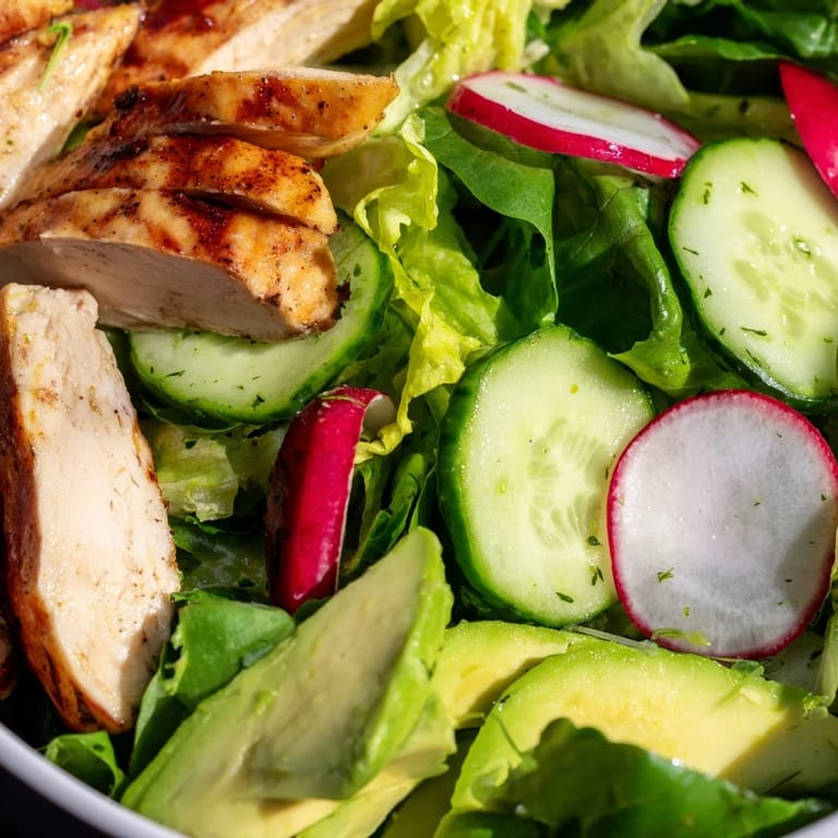 Healthy Spring Detox Chicken Salad is plated for four, featuring colorful vegetables and grilled chicken, ready for a refreshing lunch or light dinner.