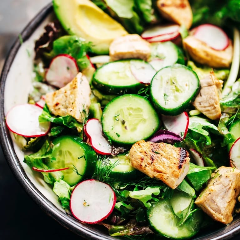 A close-up of Spring Detox Chicken Salad shows tender chicken, mixed greens, and avocado, glistening with homemade lemon dressing on a rustic plate.