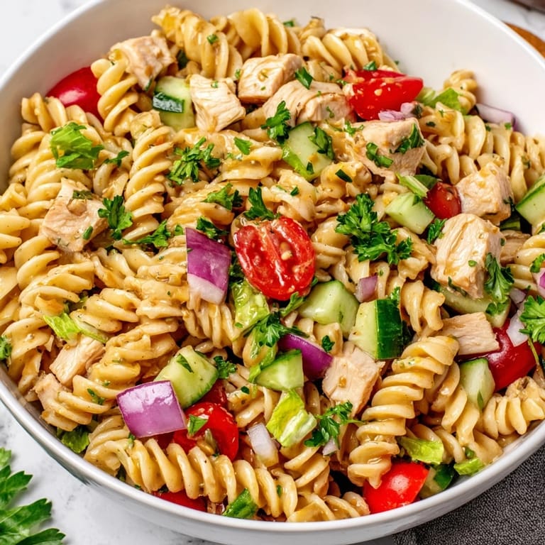 Tender chicken and rotini pasta tossed in a zesty honey mustard dressing.