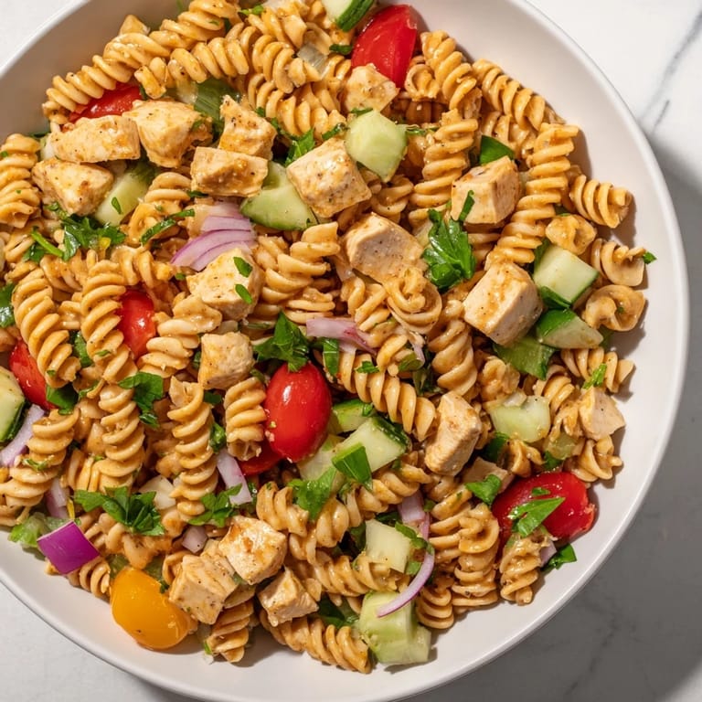 Fresh Honey Mustard Chicken Pasta Salad garnished with parsley, perfect for picnics.