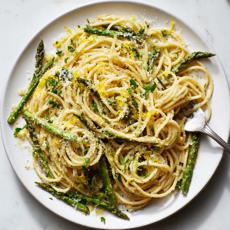Serving suggestion for roasted garlic and asparagus pasta in a white bowl, garnished with fresh parsley, grated Parmesan, and a light drizzle of olive oil.
