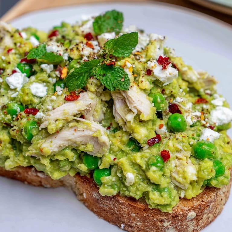 Creamy smashed peas and tender shredded chicken piled high on rustic toast, garnished with fresh herbs and a hint of chili heat.