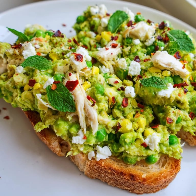 A rustic open-faced Smashed Pea & Chicken Toast, featuring chunky pea spread, juicy chicken, and zesty lemon on crisp bread.