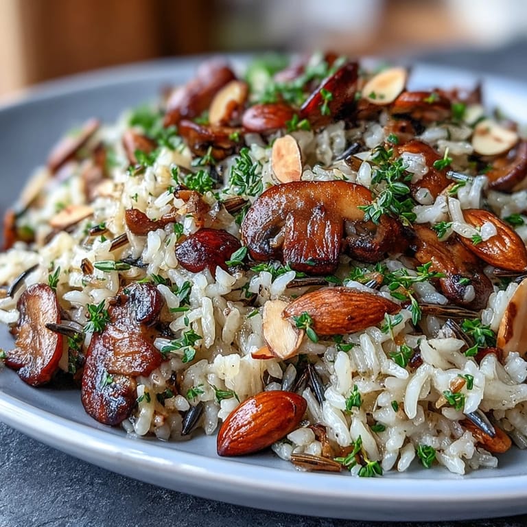 Hearty Wild Rice and Mushroom Pilaf in a rustic white bowl, featuring golden sautéed mushrooms.