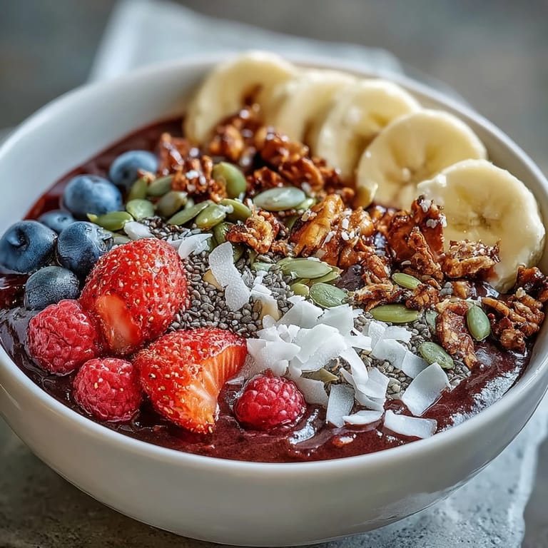 A colorful acai berry smoothie bowl swirled with almond butter and served with a spoon for breakfast.