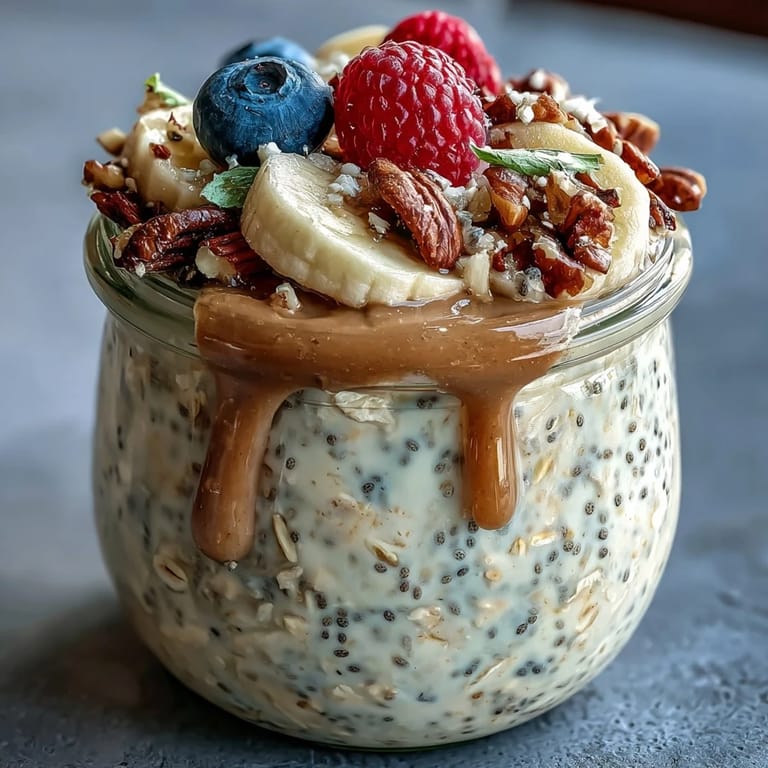 A close-up of creamy overnight oats with chia seeds topped with chopped almonds and a drizzle of peanut butter.
